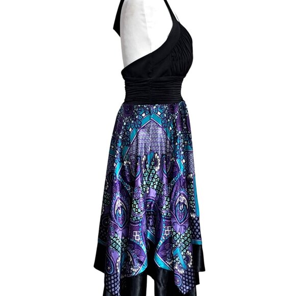 Signature By Sangria Halter Black & Purple Paisley Handkerchief Hem Dress Size 1 - Picture 8 of 10